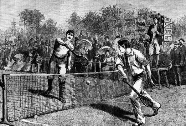 1881: British tennis player William Renshaw and H F Lawford playing for the Men's Singles Title at Wimbledon, which Renshaw won. Original Publication: The Graphic (Photo by Hulton Archive/Getty Images)